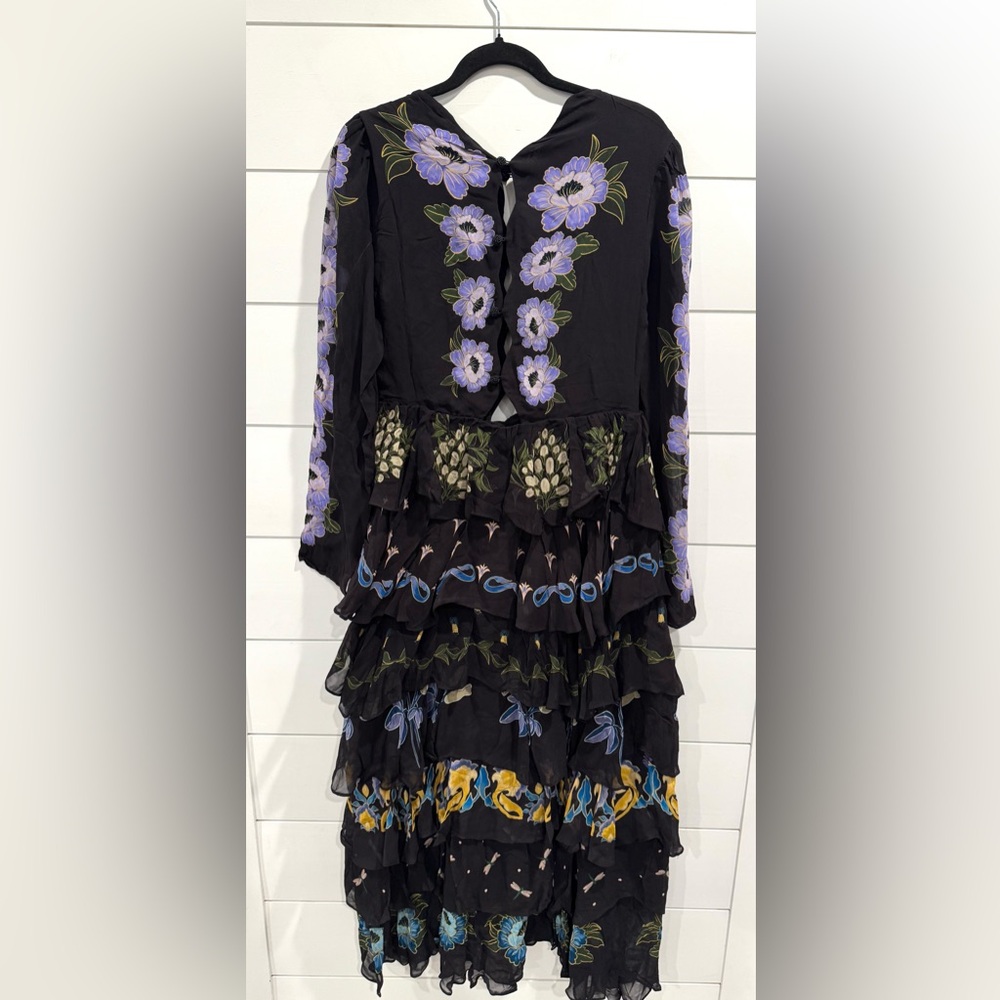 NWT Farm Rio Ruffled Tiered Printed Georgette Midi Dress Black and Purple - Picture 7 of 10